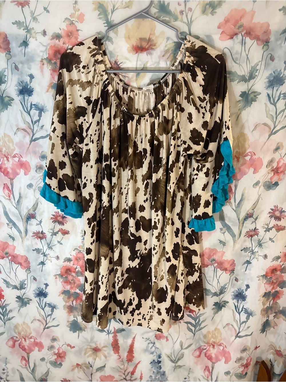 Vintage Boho Cowprint Peasant Top with Turquoise Trim - Picture 2 of 9